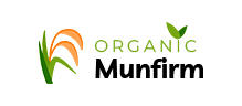 Organic Munfirm logo featuring green leaves and orange grain stalks.
