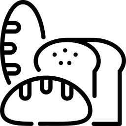 Line art icon of assorted bread loaves including baguette and sliced bread