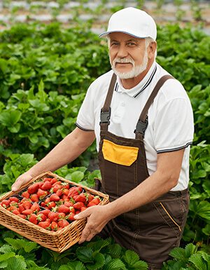 Portrait of a senior male farmer in a white cap and brown overalls holding a basket of fresh strawberries in a field.