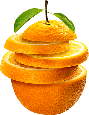 Vibrant sliced orange stacked vertically with a green leaf on top, isolated on white background.