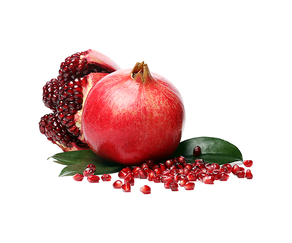 image10 Fresh ripe pomegranate with juicy red seeds (arils) and green leaves, isolated on white background.