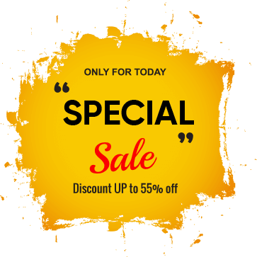 Minimalist "Special Sale" announcement icon on a yellow paint-stroke background offering 55% off