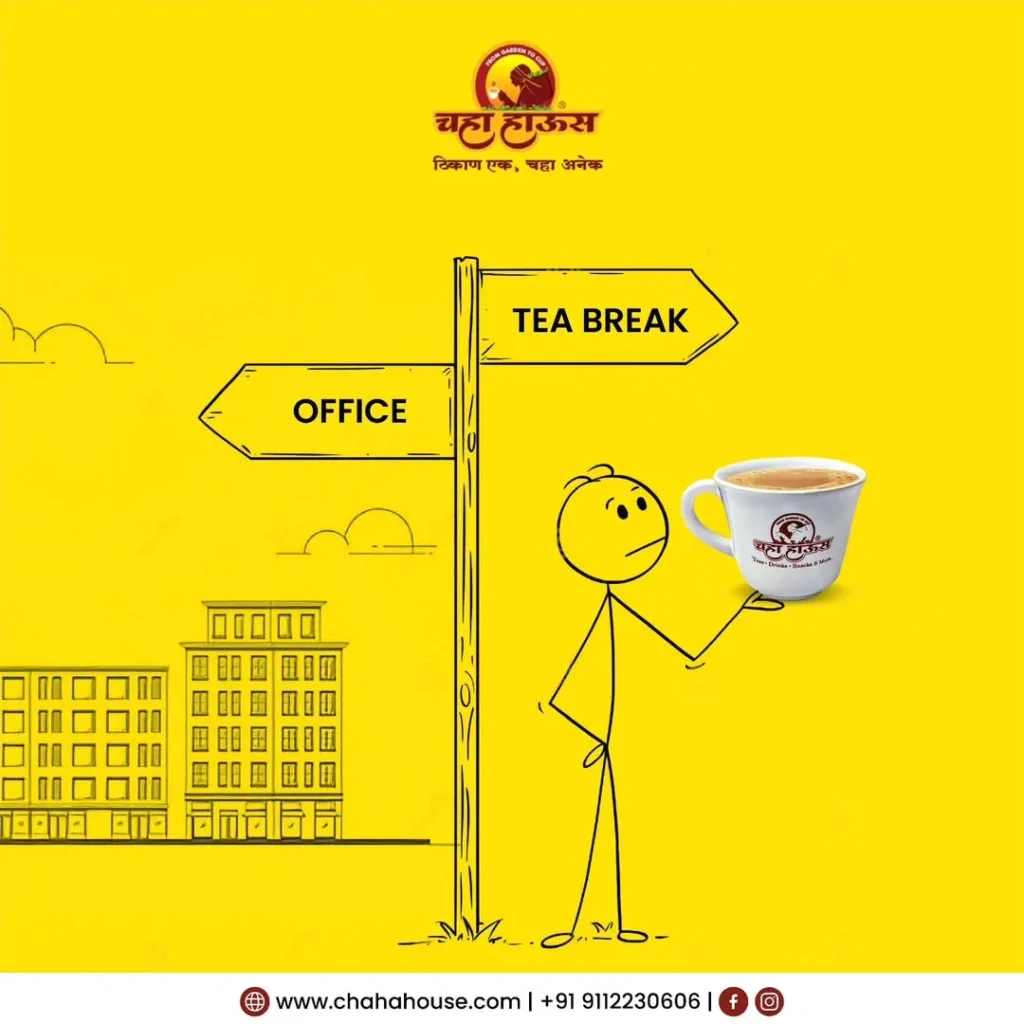Chaha House marketing graphic showing a choice between office and tea break with a cup of hot tea on a yellow background
