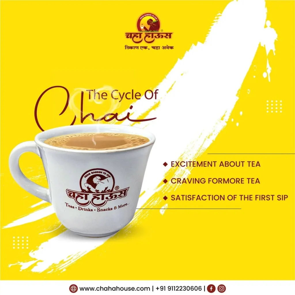 Chaha House marketing graphic titled The Cycle of Chai featuring excitement, craving, and satisfaction with a branded tea cup