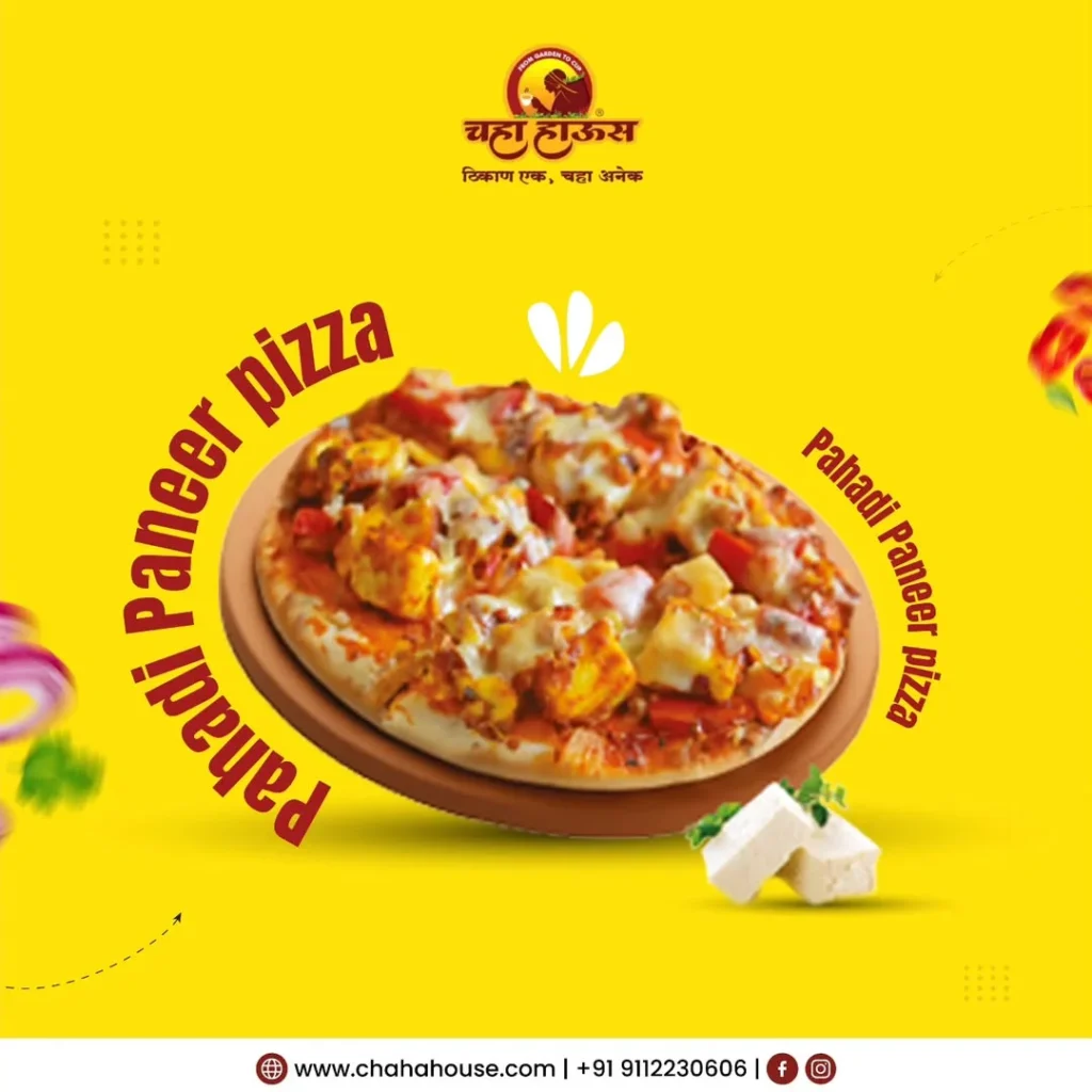 Chaha House Pahadi Paneer Pizza with fresh paneer cubes and melted cheese on a yellow background