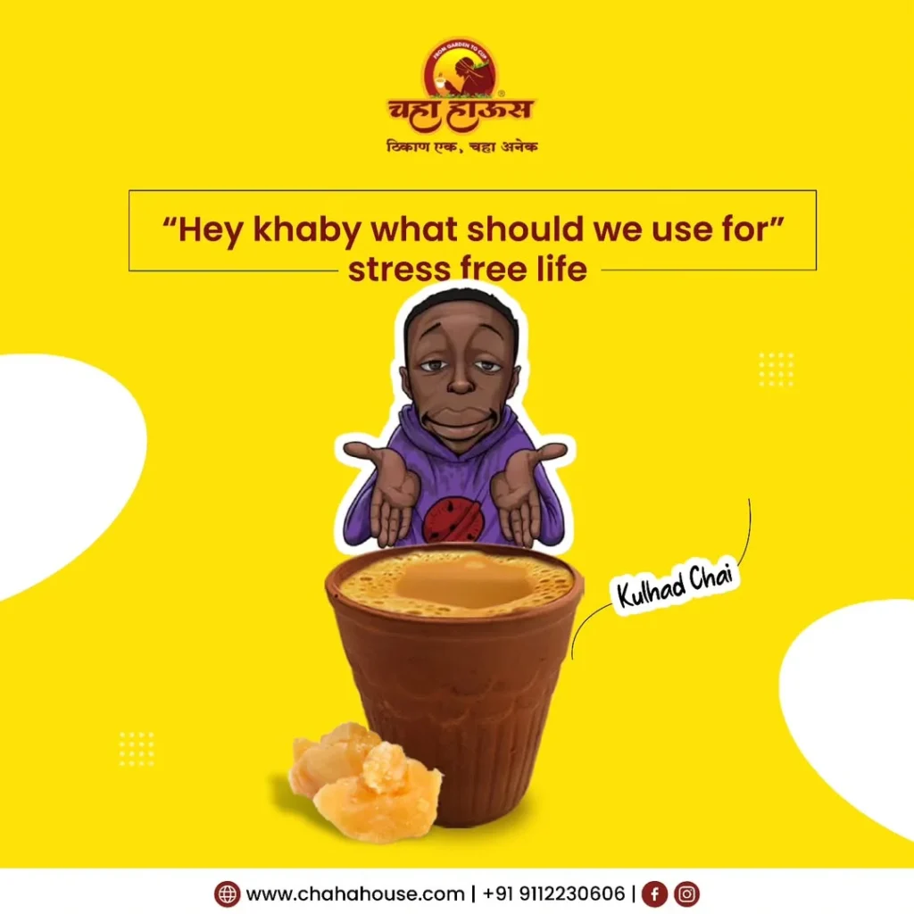 Chaha House Kulhad Chai with jaggery for a stress-free life, featuring a Khaby Lame inspired meme