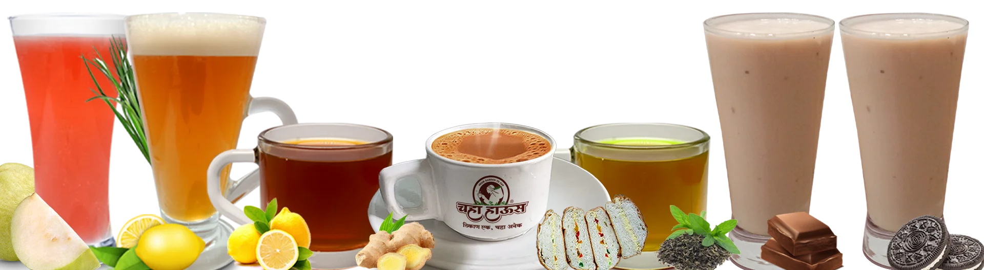 Chaha House menu banner featuring Masala Peru sarbat, Jaggery tea, lemon tea, ginger chai, sandwiches, chocolate shakes, and Oreo milkshakes.