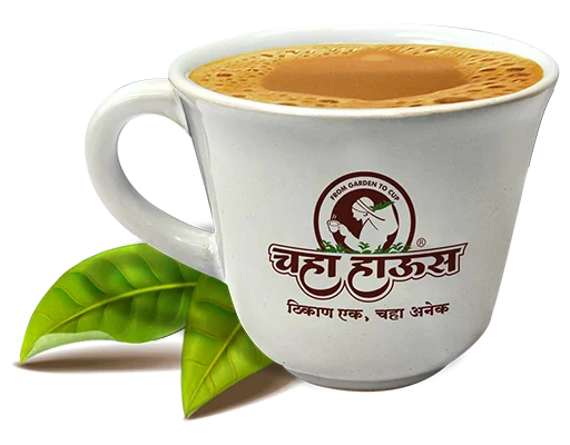 Hot cup of Indian chai tea with Chaha House logo and tea leaves.