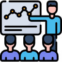 Corporate training icon showing a presenter pointing to a line graph with three participants