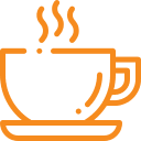 Orange line art icon of a steaming hot cup of tea or coffee on a saucer.