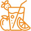 Orange line art icon of a fruit juice glass with a straw, surrounded by a strawberry, apple, and orange slice.