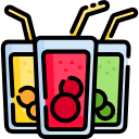 Illustration of three colorful fruit juices in tall glasses with straws and fruit garnishes.