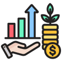 Flat illustration of a hand holding a rising bar graph next to a stack of gold coins with a growing plant.