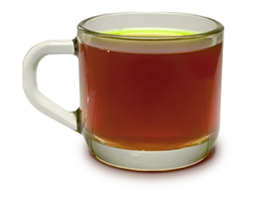 Hot black tea in a transparent glass cup with a handle, isolated on a white background