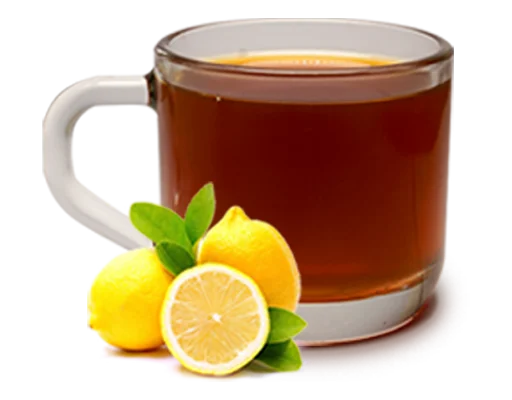 Hot lemon tea in a clear glass cup with fresh yellow lemons and a sliced lemon garnish on a white background