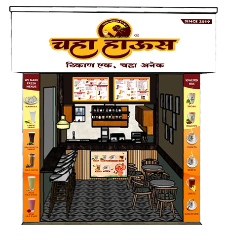 Chaha House cafe interior design featuring a modern tea shop layout with menu boards, seating, and branded signage